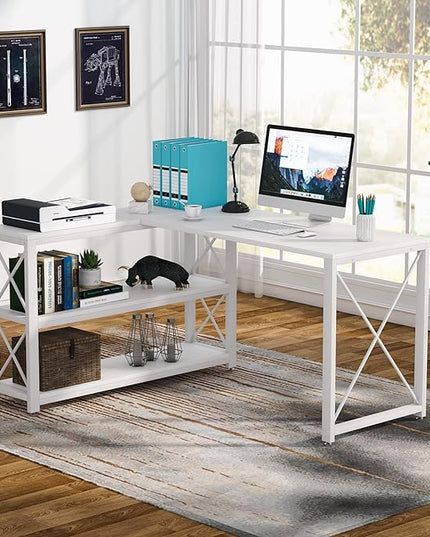 Tribesigns Reversible Industrial L-Shaped Desk with Storage Shelves, Corner Computer Desk PC Laptop Study Table Workstation for Home Office Small Space (White, 53") - LeafyLoom