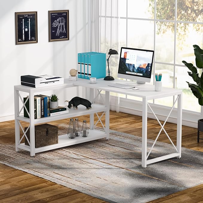 Tribesigns Reversible Industrial L-Shaped Desk with Storage Shelves, Corner Computer Desk PC Laptop Study Table Workstation for Home Office Small Space (White, 53") - LeafyLoom