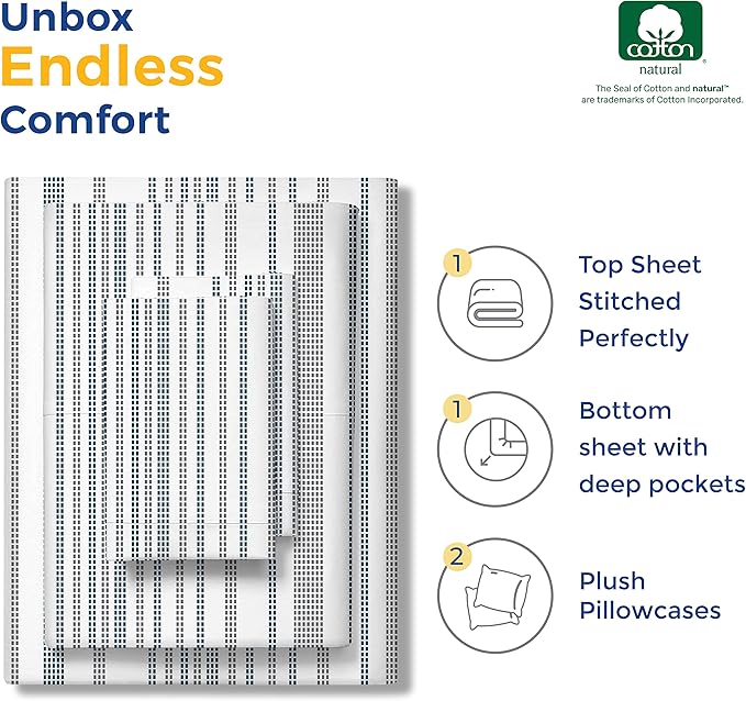 THREAD SPREAD 100% Egyptian Cotton Printed Bed Sheets - 600 Thread Count 4 PC Full Sheet Set, Hotel Luxury Sateen Bedsheets, 16" Deep Pocket Soft Cooling Sheets for Full Size Bed - Dotted Stripe - LeafyLoom