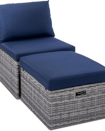 BACKYARD EXPRESSIONS PATIO · HOME · GARDEN w Backyard Expressions 2 Pc. Outdoor Conversation Chair Set with Storage and Ottoman, 250lb Weight Capacity, Navy Blue/Grey Wicker - LeafyLoom