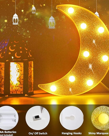 Moon Marquee Lights Decorations, Glitter LED Lighted Moon Lamp, Battery Operated Crescent Moon Night Light for Ramadan Home Table Baby Shower Party Decor, Shiny Gold Moon - LeafyLoom