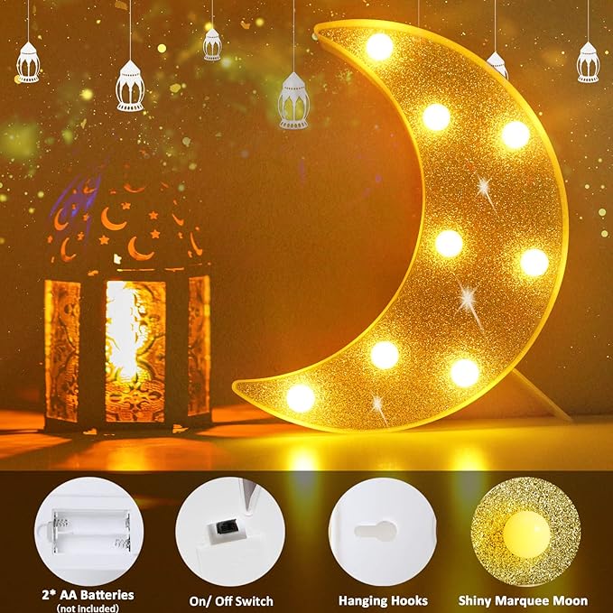 Moon Marquee Lights Decorations, Glitter LED Lighted Moon Lamp, Battery Operated Crescent Moon Night Light for Ramadan Home Table Baby Shower Party Decor, Shiny Gold Moon - LeafyLoom