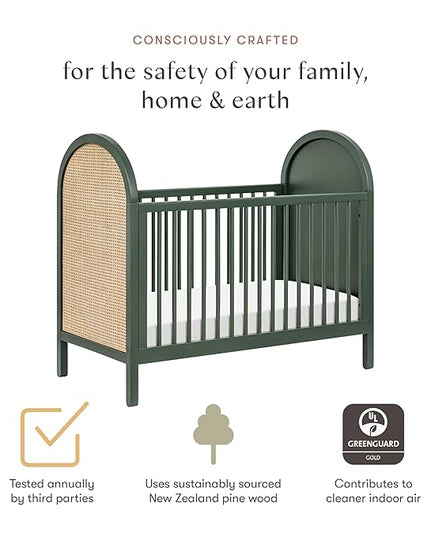 babyletto Bondi Cane 3-in-1 Convertible Crib with Toddler Bed Conversion Kit in Forest Green with Natural Cane, Greenguard Gold Certified - LeafyLoom