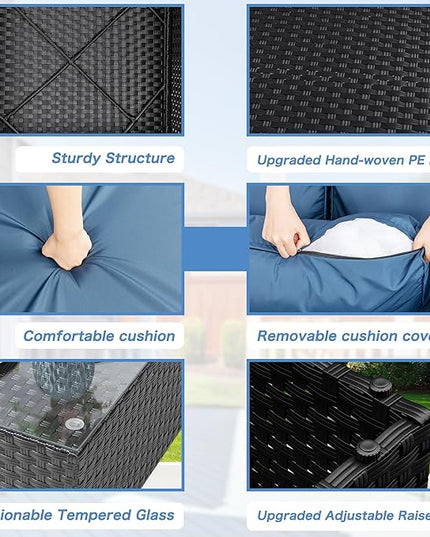 Shintenchi 7 Pieces Outdoor Patio Sectional Sofa Couch, Black Wicker Furniture Conversation Sets with Washable Cushions & Glass Coffee Table for Garden, Poolside, Backyard (Aegean Blue) - LeafyLoom