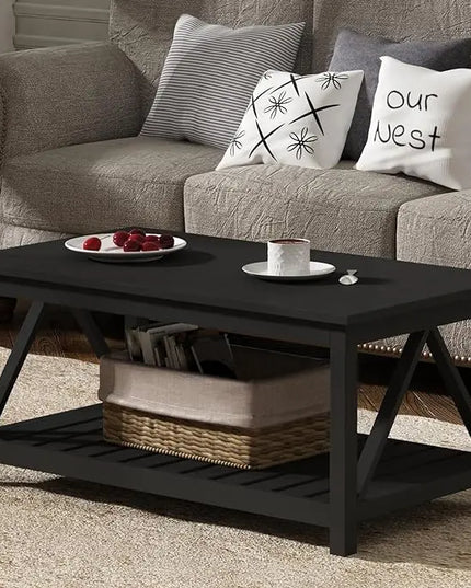ChooChoo Coffee Table, Rustic Vintage Living Room Table with Shelf, 40 Pure Black - LeafyLoom