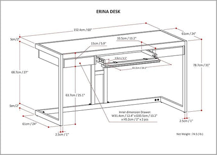 SIMPLIHOME Erina SOLID WOOD and Metal Modern Industrial 60 inch Wide Home Office Desk, Writing Table, Workstation, Study Table Furniture in Farmhouse Brown with 2 Drawers - LeafyLoom