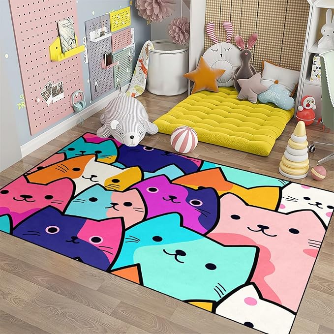 Cat Rug for Girls Bedroom - Cat Area Rug Cartoon Cat Rug Carpet for Kids Room Cute Cat Rugs Room Decor Colorful Anime Rug with Cat Printed, 2.5x4 Feet - LeafyLoom