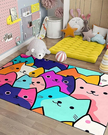 Cat Rug for Girls Bedroom - Cat Area Rug Cartoon Cat Rug Carpet for Kids Room Cute Cat Rugs Room Decor Colorful Anime Rug with Cat Printed, 5x7 Feet - LeafyLoom