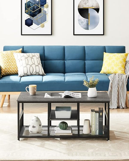 VECELO Coffee Center Table with Storage for Living Room Office Reception, Modern & Industrial Mesh Shelf, 39.4 Inch, Charcoal Gray - LeafyLoom