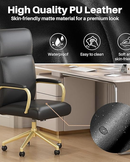 Black and Gold Office Chair, High Back Office Chair for Women, Modern Desk Chair Comfy with Arms, Leather Executive Office Chair with Wheels - LeafyLoom