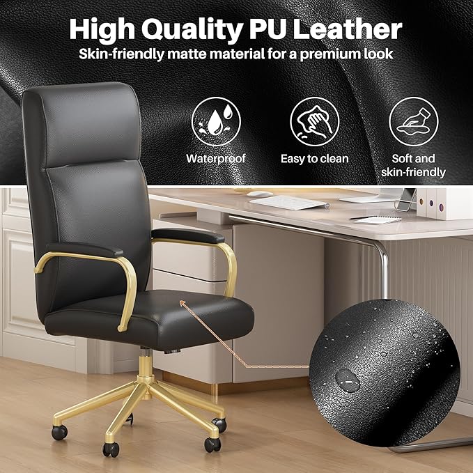 Black and Gold Office Chair, High Back Office Chair for Women, Modern Desk Chair Comfy with Arms, Leather Executive Office Chair with Wheels - LeafyLoom