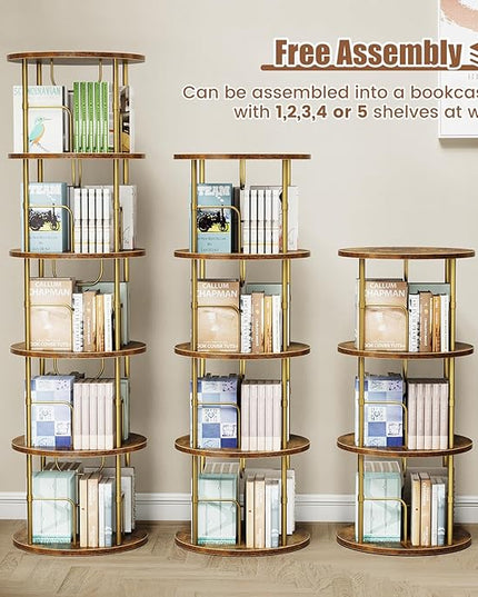 5 Tier Rotating Bookshelf, 360 ° Display Stackable Spinning Bookshelf Tower, Narrow Space Saving Tall Floor Standing Swivel Bookcase Corner Storage Organizer for Bedroom, Living Room, Gold - LeafyLoom