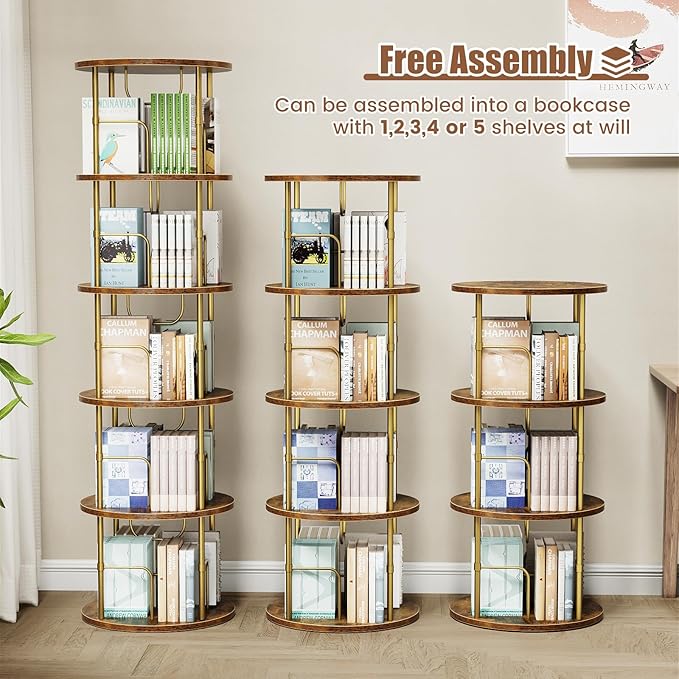 Rotating Bookshelf, 3 Tier Round Revolving Bookcase with Special Visible Partition Storage, 360° Display Spinning Bookshelf Tower Storage Organizer Rack for Bedroom, Living Room, Small Space, Gold - LeafyLoom