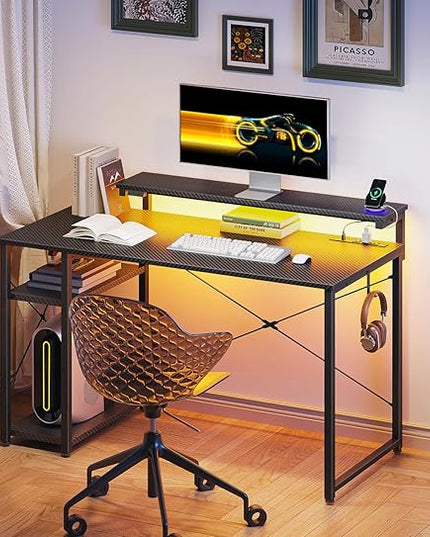 MOTPK Gaming Desk with Led Lights & Power Outlet, 40 Inch Small Gaming Computer Desk with Shelves, Reversible Gamer Desk Table with Adjustable Monitor Stand & Headphone Hook, Carbon Fiber Texture - LeafyLoom