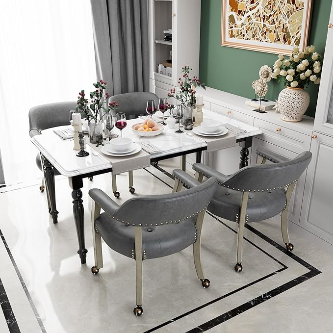 Dining Chairs with Casters and Arms, Large Rolling Dining Chairs with Wheels, Wood Boss Caption's Chairs, 26" D x 25.2" W x 31.5" H, Grey Legs & Dark Grey Fabric SY-1318-GY - LeafyLoom