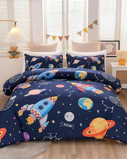 Aimuan Space Bedding Set Kid Rocket Comforter Set Full Size Super Soft & Cute Aliens UFO Printed Quilt Set for Teen Boys Girls (Navy, Full) - LeafyLoom