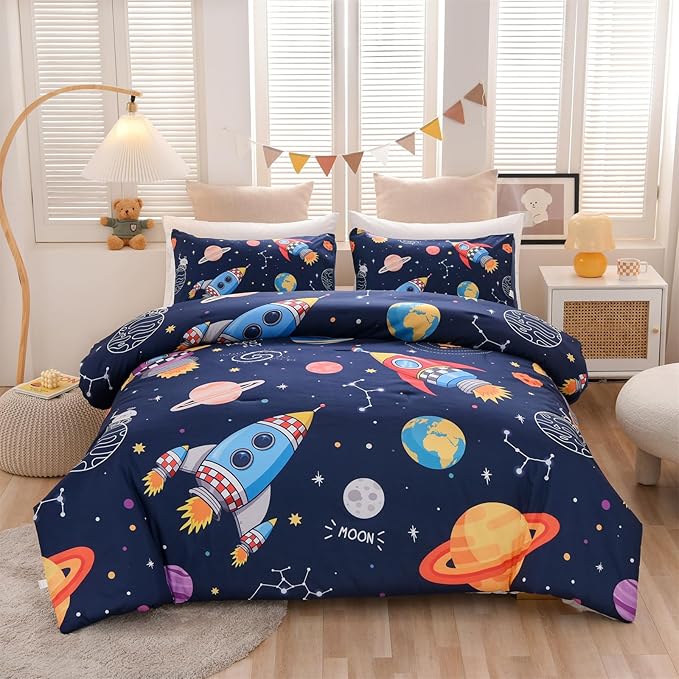 Aimuan Space Bedding Set Kid Rocket Comforter Set Full Size Super Soft & Cute Aliens UFO Printed Quilt Set for Teen Boys Girls (Navy, Full) - LeafyLoom