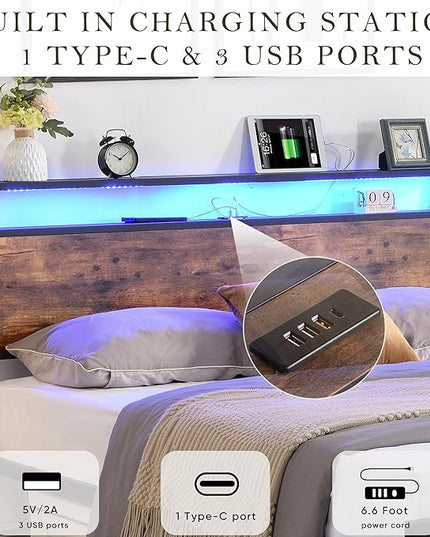 LED Bed Frame Full Size with LED Lights, USB Ports & Outlets, Full Bed Frame with Storage Headboard, Two Drawers, Industrial Style Platform Bed with Wooden Headboard, Metal Slats Supports - LeafyLoom