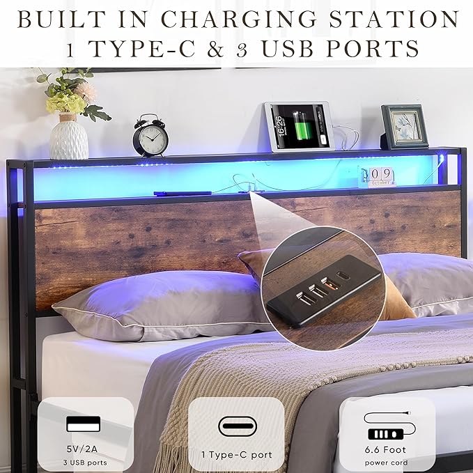 LED Bed Frame Full Size with LED Lights, USB Ports & Outlets, Full Bed Frame with Storage Headboard, Two Drawers, Industrial Style Platform Bed with Wooden Headboard, Metal Slats Supports - LeafyLoom