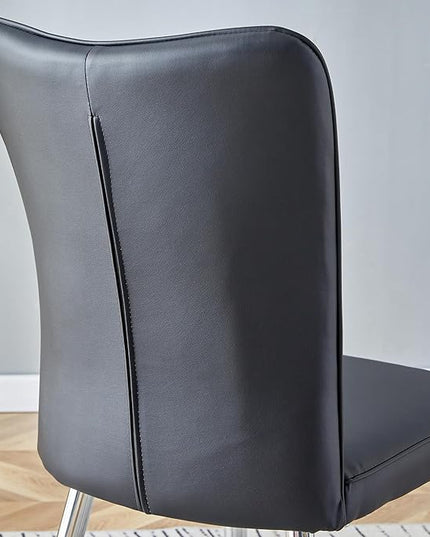 Modern Dining Chairs Set of 2, PU Leather Seat Cushions Black Dining Room Chair, with Silver Metal Legs Kitchen Chair for Home Living Room, Restaurant, Black Chair Silver Legs - LeafyLoom