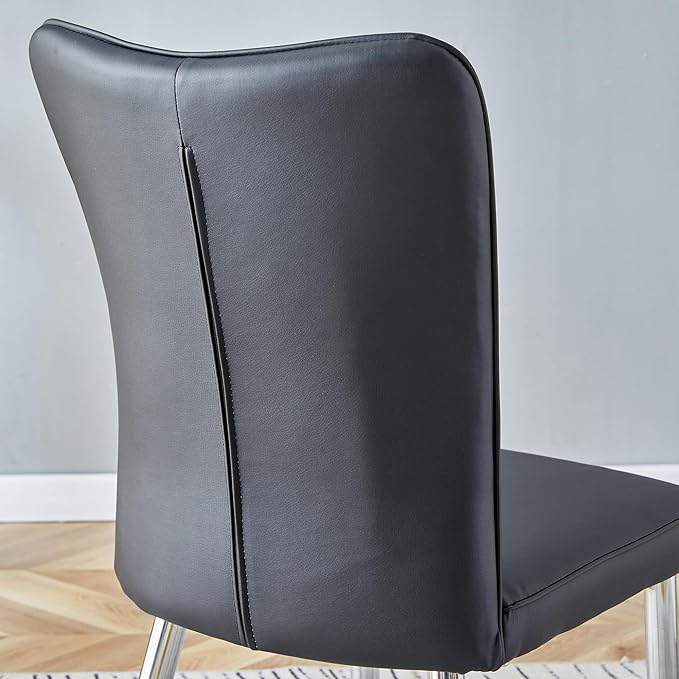 Modern Dining Chairs Set of 2, PU Leather Seat Cushions Black Dining Room Chair, with Silver Metal Legs Kitchen Chair for Home Living Room, Restaurant, Black Chair Silver Legs - LeafyLoom