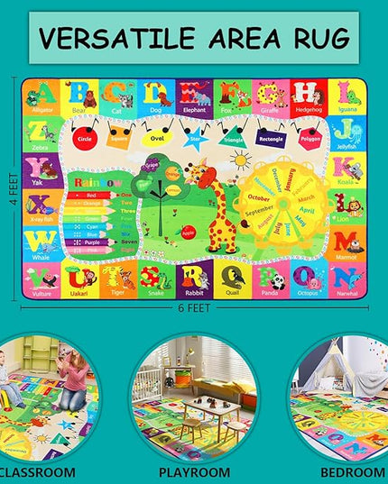 Kids Rug Cute Playroom Rug with ABC Alphabet Animals Classroom Rug Educational and Fun 4x6 Area Rugs for Baby Toddler Children Learning Girls Boys Bedroom Nursery Rug Washable - LeafyLoom