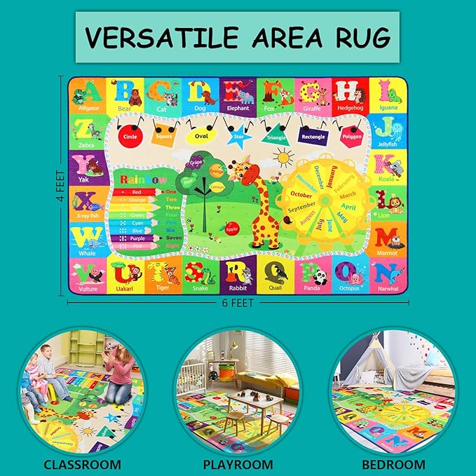 Kids Rug Cute Playroom Rug with ABC Alphabet Animals Classroom Rug Educational and Fun 4x6 Area Rugs for Baby Toddler Children Learning Girls Boys Bedroom Nursery Rug Washable - LeafyLoom