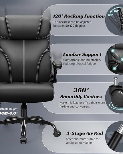 Office Chair, Ergonomic Big and Tall Computer Desk Chairs, Executive Breathable Leather Chair with Adjustable High Back Flip-up Armrests, Lumbar Support Swivel PC Chair with Rocking Function - LeafyLoom