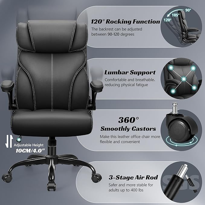 Office Chair, Ergonomic Big and Tall Computer Desk Chairs, Executive Breathable Leather Chair with Adjustable High Back Flip-up Armrests, Lumbar Support Swivel PC Chair with Rocking Function - LeafyLoom