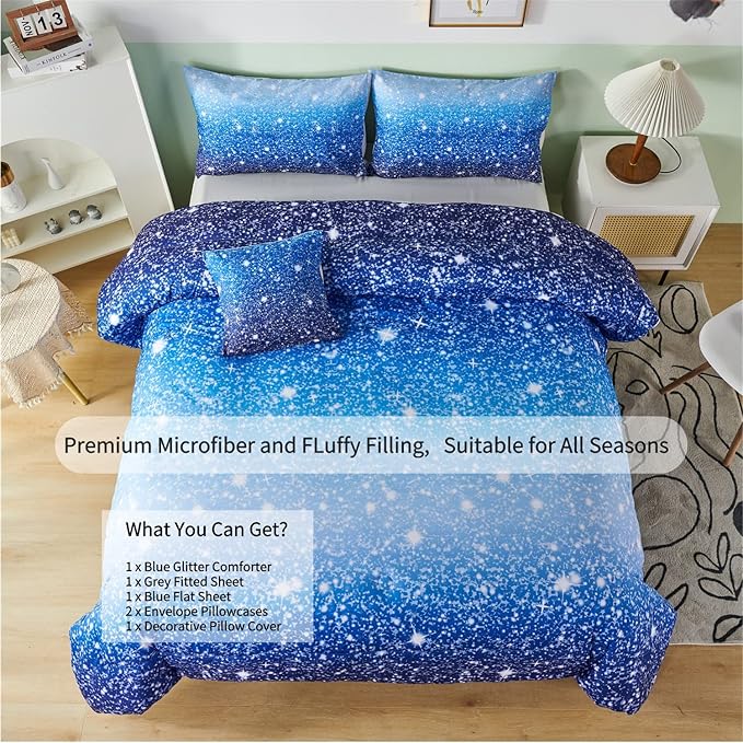RYNGHIPY 6Pcs Gradient Aqua Blue Navy Ombre Comforter Sets with Sheets Pillowcases, Full Size Sparkle Glitter Design Comforter Bedding Collections for Kids Boys and Girls - LeafyLoom
