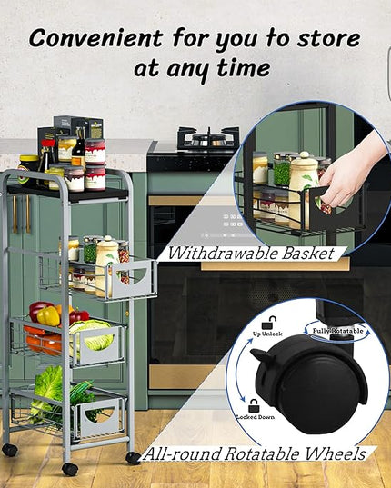 Slim Rolling Storage Cart Small Narrow Kitchen Metal Storage Cart with Lockable Wheels Slim Laundry Bathroom Storage Cart with Wooden top for Kitchen Laundry Narrow Places with Pull-Out Basket Grey - LeafyLoom