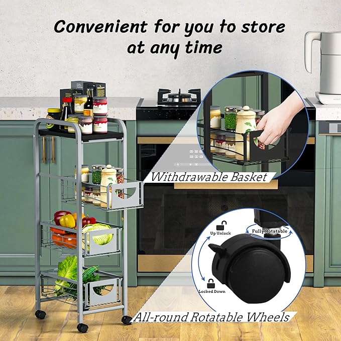 Slim Rolling Storage Cart Small Narrow Kitchen Metal Storage Cart with Lockable Wheels Slim Laundry Bathroom Storage Cart with Wooden top for Kitchen Laundry Narrow Places with Pull-Out Basket Grey - LeafyLoom