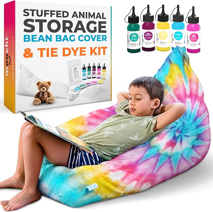 Stuffed Animal Storage - Tie Dye Stuffed Animal Bean Bag Storage Kit, Plushies Storage, Extra Large Stuffed Animal Storage, Empty Bean Bag Chair For Stuffed Animals, Stuffed Animal Holder - LeafyLoom