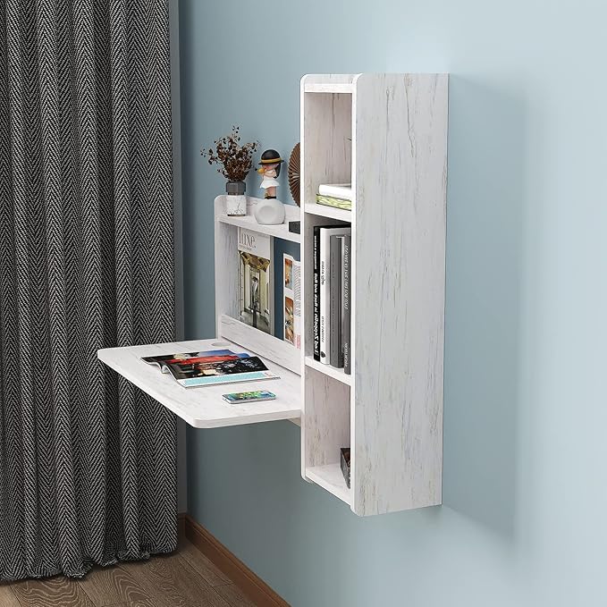 Pmnianhua Floating Desk,41'' Wall Mounted Desk Fold Down Laptop Desk Folding Space Saving Table Workstation with Storage Shelves for Bedroom Study Room Small Space (Off White-Right) - LeafyLoom