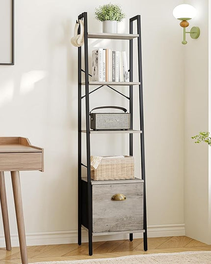 Narrow Bookshelf Bookcase with Drawer, Ladder Shelf with 2 Hooks, Bookshelves Storage Organizer, Freestanding Display Standing for Home Office, Bedroom, 5 Tier Greige BC19505B - LeafyLoom