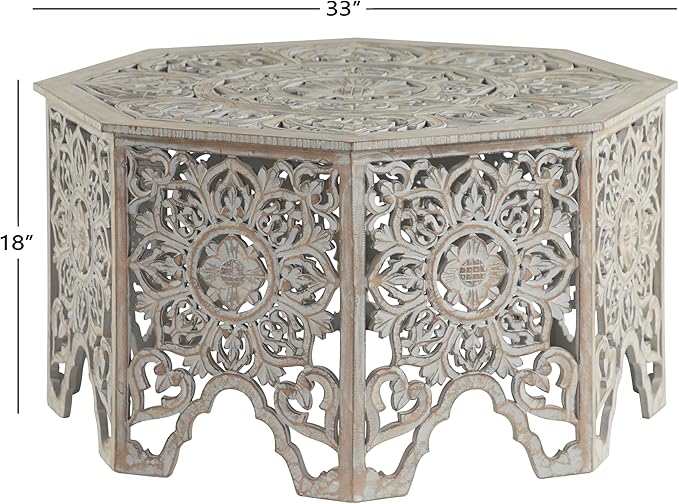 Deco 79 Wooden Floral Handmade Living Room Coffee Table Intricately Carved Table with Hollow Interior, Center Table 33" x 33" x 18", Light Gray - LeafyLoom