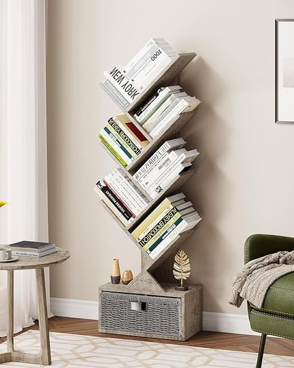 Vagusicc 6 Tier Tree Bookshelf, Modern Floor Standing Bookcase with Storage Drawer, Tall Wood Book Storage Rack for CDs/Books, Utility Book Organizer Shelves for Bedroom/Living Room/Home Office/Corner - LeafyLoom