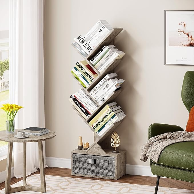 Vagusicc 6 Tier Tree Bookshelf, Modern Floor Standing Bookcase with Storage Drawer, Tall Wood Book Storage Rack for CDs/Books, Utility Book Organizer Shelves for Bedroom/Living Room/Home Office/Corner - LeafyLoom