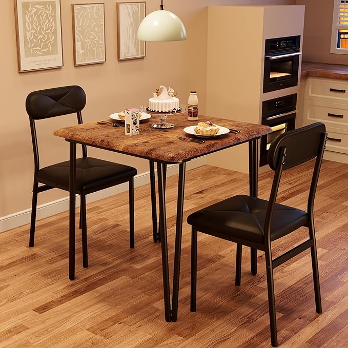 Dining Table for 2, Small Square kitchen Dinner Table Set for 2,Space Saving Wood Modern Dinette With Upholstered,Dining Room Furniture for Breakfast Nook, Apartment,Home Office Small Space,3 Piece - LeafyLoom