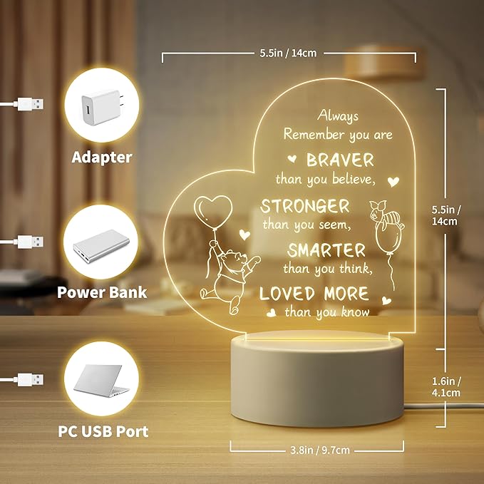 Gifts for Women Friends Kids - Inspirational Night Lamp with Pooh Bear Design - Perfect Gifts for Birthday Christmas Valentines Anniversary Baby Shower, Show Strength and Love - LeafyLoom