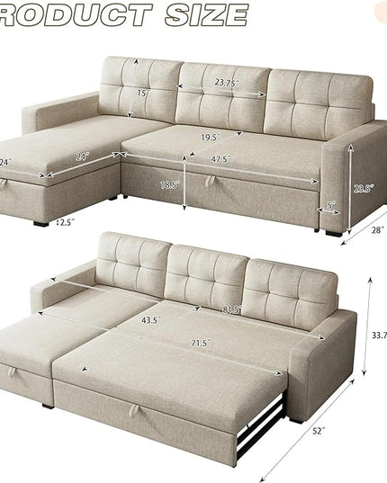 81.5" Sectional Sleeper Sofa with Storage Chaise, L Shaped Pull Out Couch Bed with 3 Removable Back Cushion for Living Room, Apartment,Office,Beige - LeafyLoom