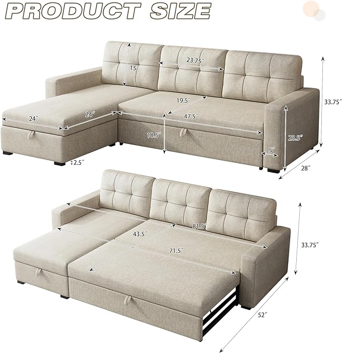 81.5" Sectional Sleeper Sofa with Storage Chaise, L Shaped Pull Out Couch Bed with 3 Removable Back Cushion for Living Room, Apartment,Office,Beige - LeafyLoom