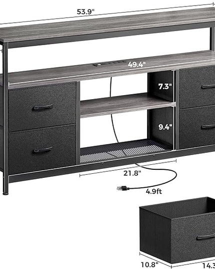 TV Stand Dresser with Power Outlets and LED Lights, 4 Drawers Entertainment Center with Shelves, 54in Media Console for 55 60 Inch TV, Dresser with PU Finish, Grey and Black - LeafyLoom