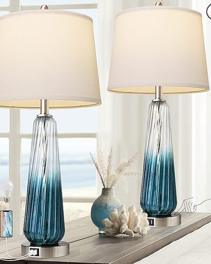 Table Lamps Set of 2 with Touch Control, 3-Way Dimmable Modern Glass Bedside Lamps with 2 USB Ports, Nightstand Lamp with White Fabric Shade, 27.5" Large Lamps for Living Room Bedrooms Decorations - LeafyLoom