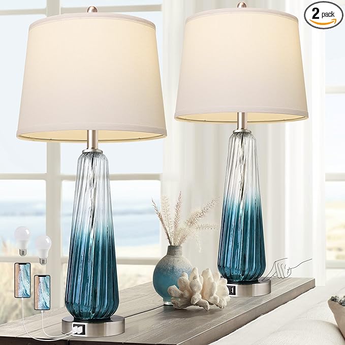 Table Lamps Set of 2 with Touch Control, 3-Way Dimmable Modern Glass Bedside Lamps with 2 USB Ports, Nightstand Lamp with White Fabric Shade, 27.5" Large Lamps for Living Room Bedrooms Decorations - LeafyLoom