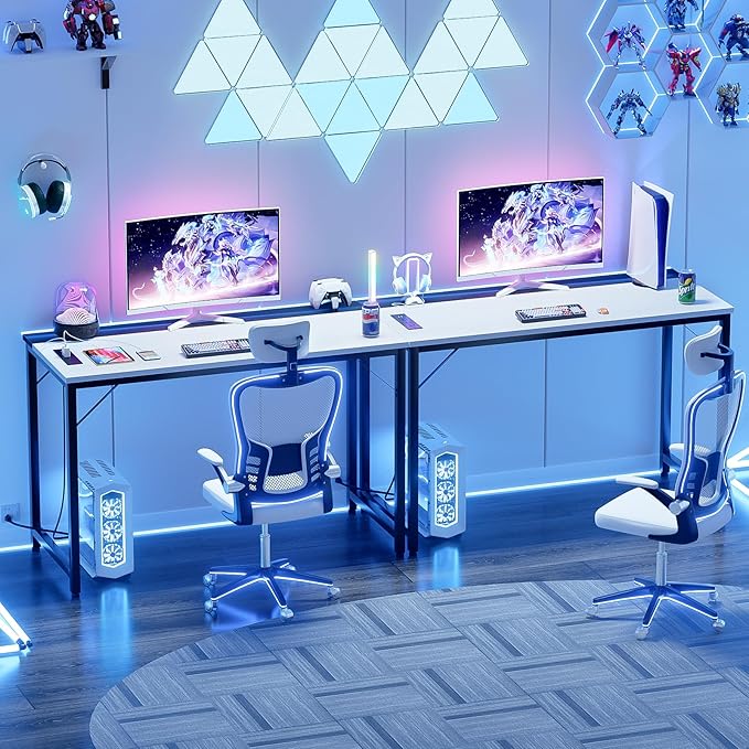 47 Inch Computer Desks with Power Outlets and USB Charging Ports, Modern Office Desk for Small Spaces, Sturdy Laptop PC Gaming Writing Table for Students, White and Black - LeafyLoom