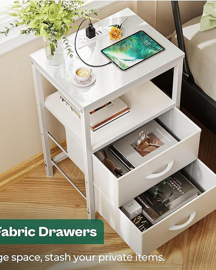 Nightstands Set of 2, End Tables with Charging Station, Side Tables with Fabric Drawers, Bedside Tables with USB Ports and Outlets, Night Stands for Bedroom, White - LeafyLoom