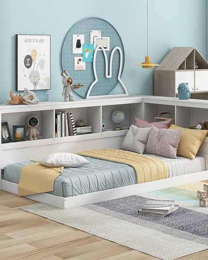 Wood Twin Size Corner Floor Bed with Storage Cabinets and USB Ports, Twin Daybed Frame with L-Shaped Bookcase Headboard for Living, Bedroom, Guest Room, White - LeafyLoom