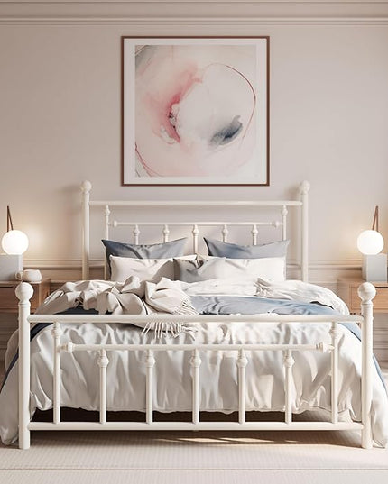 SHA CERLIN 14'' Queen Size Metal Platform Bed Frame/Victorian Headboard and Footboard/Steel Slats Mattress Foundation for Storage/No Box Spring Needed/Noise Free/Off-White - LeafyLoom