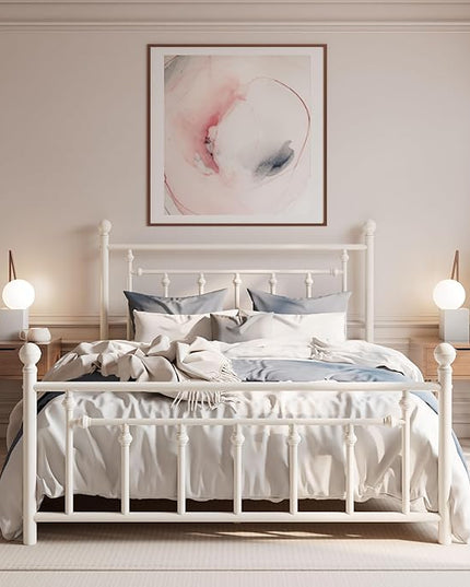 SHA CERLIN 14'' Full Size Metal Platform Bed Frame/Victorian Headboard and Footboard/Steel Slats Mattress Foundation for Storage/No Box Spring Needed/Noise Free/Off-White - LeafyLoom